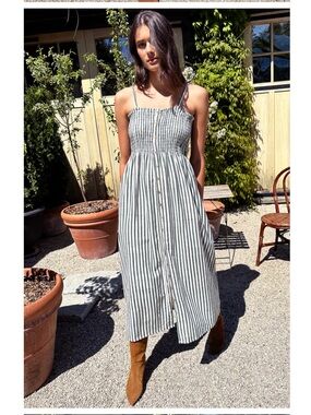 Emerson Fry Santiago Green and White Striped Smocked Midi Dress